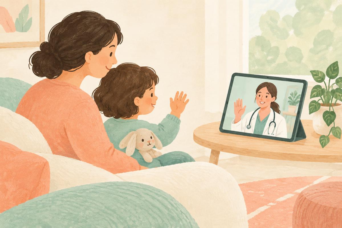 Illustration d’un parent et son enfant saluant une pédiatre sur une tablette