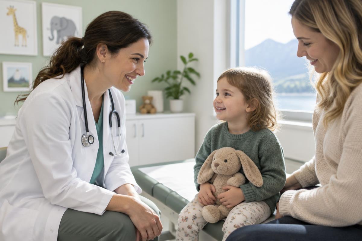 Image illustrative d’une pédiatre échangeant avec un enfant et sa maman